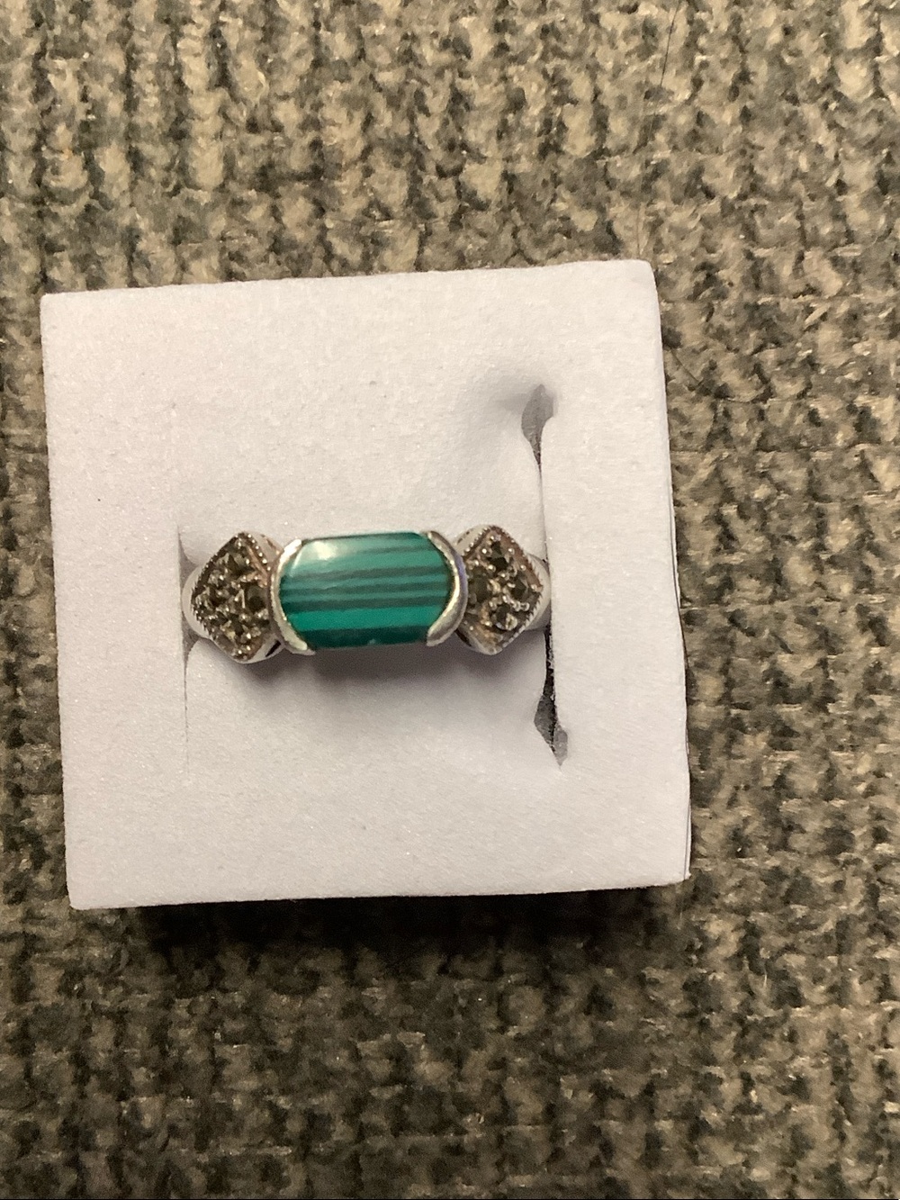 Silver Ring with Green Striped Stone and Accent Detailing